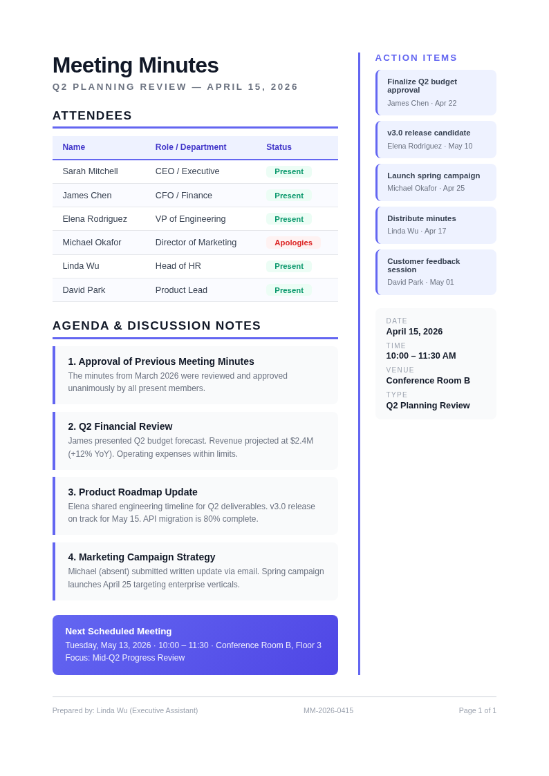 Right sidebar action panel meeting minutes